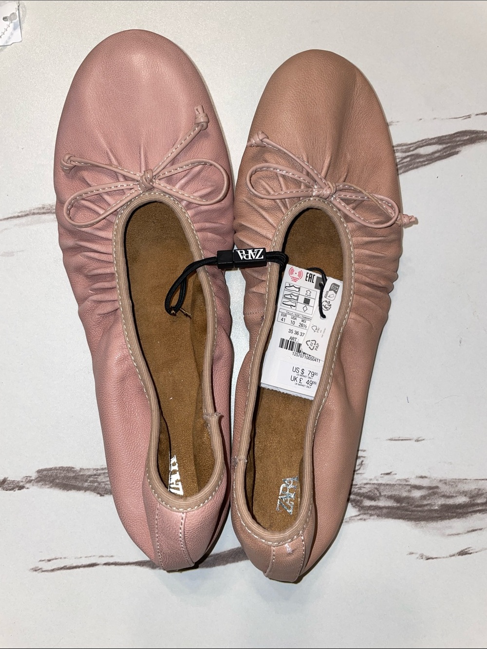 ZARA Pink Very Soft Leather Ruched Ballet Flats with Bow Sz 41